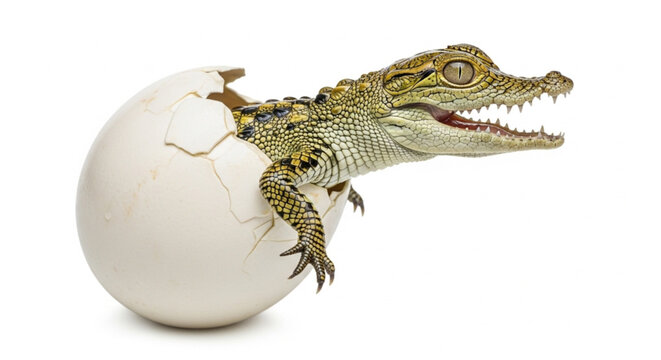 baby crocodile emerging from eggshell with open jaws and sharp teeth on white background