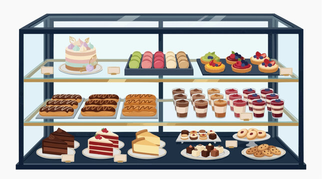 A delicious assortment of pastries and cakes displayed in a bakery case. Isolated on white background