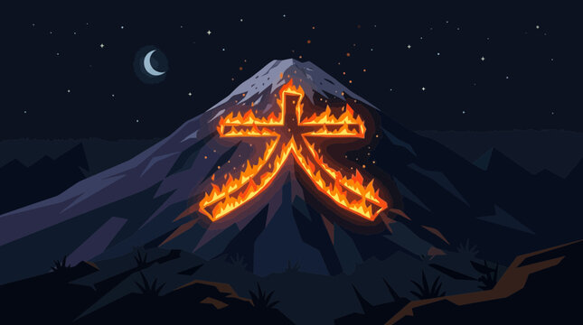 A powerful flat design illustration depicting the traditional Okuribi, a large farewell fire for ancestral spirits during the Obon Festival. This minimalist vector art symbolizes the return of spirits