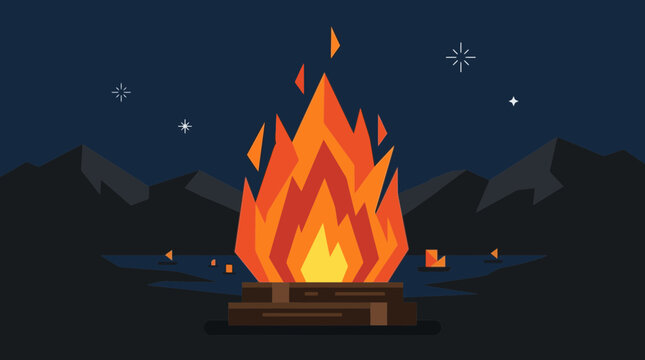 A powerful flat design illustration depicting the traditional Okuribi, a large farewell fire for ancestral spirits during the Obon Festival. This minimalist vector art symbolizes the return of spirits