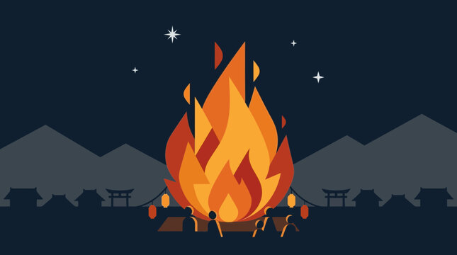 A powerful flat design illustration depicting the traditional Okuribi, a large farewell fire for ancestral spirits during the Obon Festival. This minimalist vector art symbolizes the return of spirits