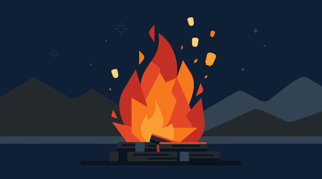 A powerful flat design illustration depicting the traditional Okuribi, a large farewell fire for ancestral spirits during the Obon Festival. This minimalist vector art symbolizes the return of spirits