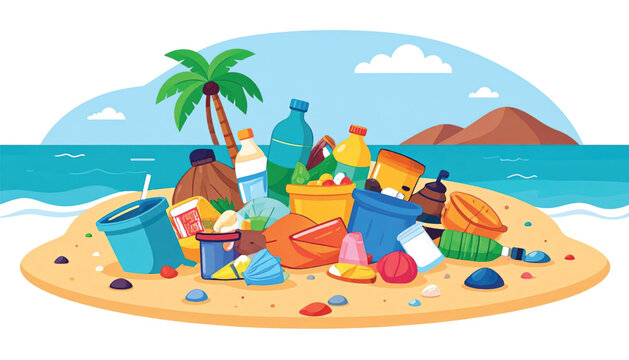 Colorful beach toys on sand.