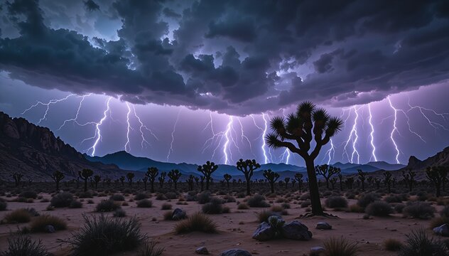 Lightning Storm Joshua Tree Desert Night California USA Dramatic Landscape