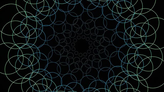 Abstract geometric pattern with overlapping circles on black background