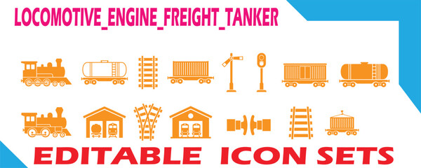 Locomotive engine and freight train vector icon set for transportation with locomotive transport transportation railroad logistics shipping delivery collection infrastructure industry © iconic 