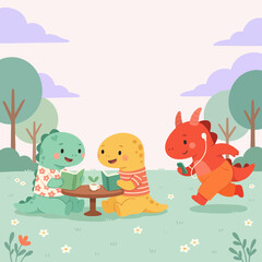 Naklejka premium Cute cartoon dinosaurs spending time in a park with some reading books and one listening to music