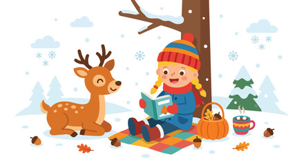 Fototapeta premium A little girl reads a storybook to a friendly deer while sitting on a blanket in a snowy winter forest setting with hot cocoa nearby.