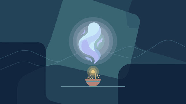 A serene flat design illustration symbolically representing an ancestral spirit during the Obon Festival, depicted as a gentle, ethereal form above a small offering.