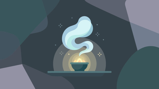 A serene flat design illustration symbolically representing an ancestral spirit during the Obon Festival, depicted as a gentle, ethereal form above a small offering.