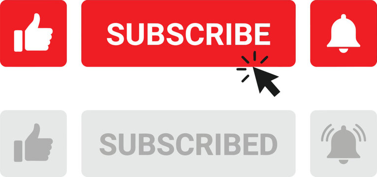 Red Subscribe Button Set with Thumbs Up Like and Notification Bell Icons - Flat Vector Design