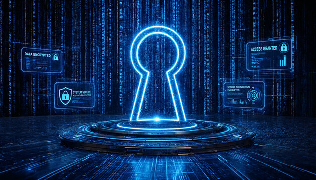 Futuristic technology innovations and digital cyber security concept, abstract 3D high-tech illustration bundle with glowing neon networks, Al processors, secure cloud data vaults and global analytics