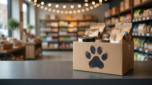 Pet food donation box filled with supplies on store counter, animal welfare and community support in pet retail.