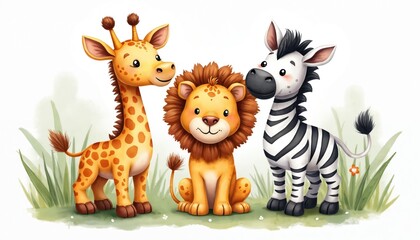 Fototapeta premium Cute watercolor illustration of a giraffe, lion, and zebra friends standing together in grassy field. Adorable jungle animals in a cartoon style, perfect for kids books and decor.