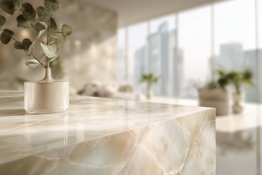Empty marble table top product stage with eucalyptus leaf vase in luxury bright urban interior for cosmetic background