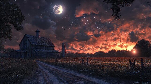 A stunning sunset scene featuring a rustic barn under a dramatic sky, illuminated by the glowing moon.