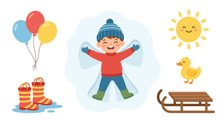 Cheerful vector illustration of a happy boy making a snow angel, with balloons, rain boots, a smiling sun, a duckling, and a wooden sled.