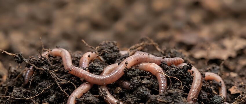 Earthworms in moist soil, essential for composting, gardening, and agricultural practices promoting natural soil enrichment.