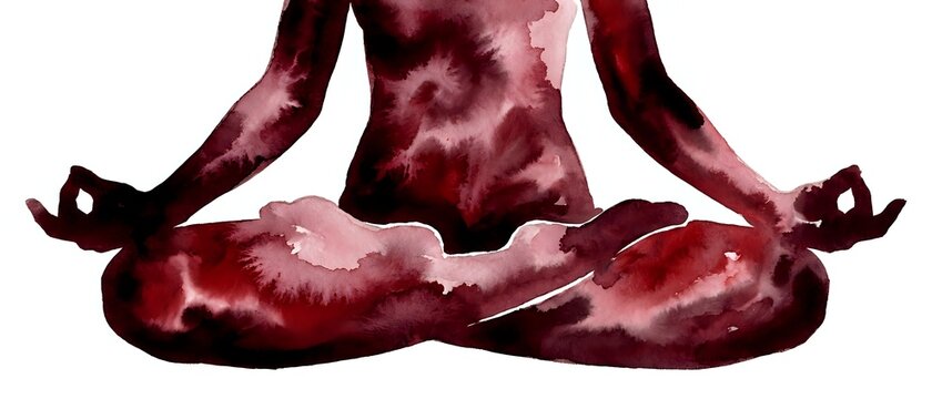 Silhouette of person in lotus meditation pose with deep red and burgundy watercolor texture effect on white background, isolated for wellness and mindfulness design use.