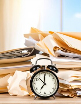 Black analog alarm clock set in front of a messy stack of beige manila office folders and crumpled paperwork on a wooden desk, symbolizing office workload.
