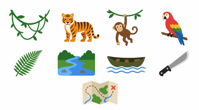 Colorful jungle adventure icons set with animals and nature.