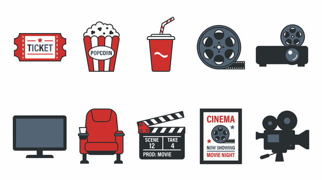 Colorful flat design cinema and movie icons set.