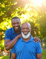Fototapeta premium Smiling Black father and adult son standing together outdoors. Multi-generational family members in blue shirts, bonding, connection, happiness, sunny park.