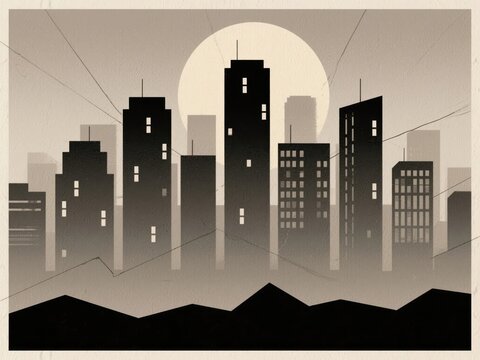 Minimalist city skyline illustration in monochrome, featuring skyscrapers silhouettes, glowing moon disc, dark geometric hills, retro paper texture, urban graphic.