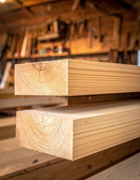 Stacked raw timber beams close up in a woodworking shop, showing natural wood grain patterns, lumber texture, carpenter workspace, construction material.