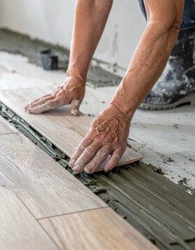 Tiler installing wood-look ceramic floor tiles, pressing tile into thin-set mortar ridges with hands, wearing work boots, renovation process, construction job.