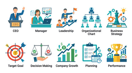 Fototapeta premium Business management and company growth icon set