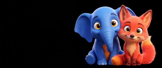 Fototapeta premium Cute blue elephant cartoon fox sitting together on a black background banner with copy space. Cheerful friendly side by side animal companions showcasing friendship, 3D styled character digital art.