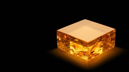Fototapeta premium Translucent amber resin fossil block product podium with hidden spotlight reflection