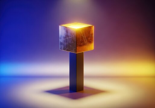 A prominent golden block rests high on an isolated pedestal, symbolizing achievement, success, and the pinnacle of solitary standing above the competition, achievement, abstract, distinct