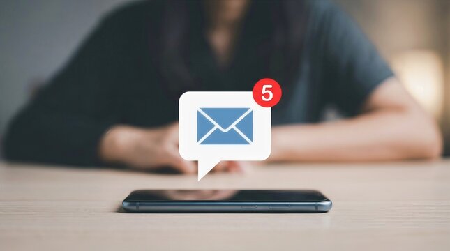 Smartphone with email notification icon and unread message counter on desk