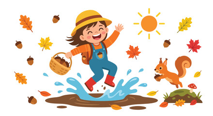 A cheerful young girl wearing a hat and overalls happily jumps into a muddy puddle while holding a basket of acorns in an autumn setting.