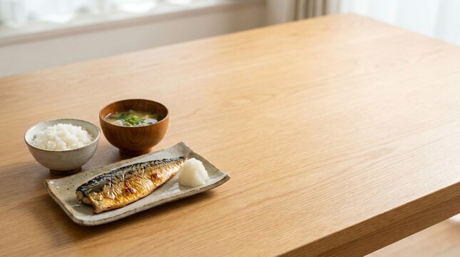 Authentic Japanese Saba Teishoku mackerel set meal with steaming white rice and miso soup served on a spacious light oak wooden dining table