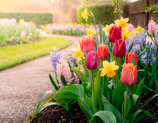 Fototapeta premium Colorful Tulips Blooming Along Garden Path in Spring