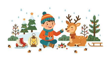 A happy young boy in winter gear sits in the snow, feeding a friendly reindeer near a lantern, ice skates, and decorated Christmas trees. © Rayi