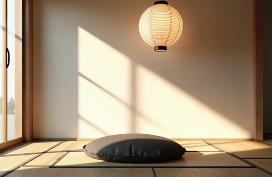 Sunlight streams into a minimalist room with tatami mat floor and zabuton cushion. A round paper lantern hangs from ceiling, casting soft shadows. Peaceful zen interior design.