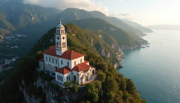 Aerial view shows Montallegro sanctuary, Catholic Church in Rapallo Italy. Building stands atop mountain overlooking Portofino bay near Genova. Green hills and blue sea. Landscape on Ligurian coast.