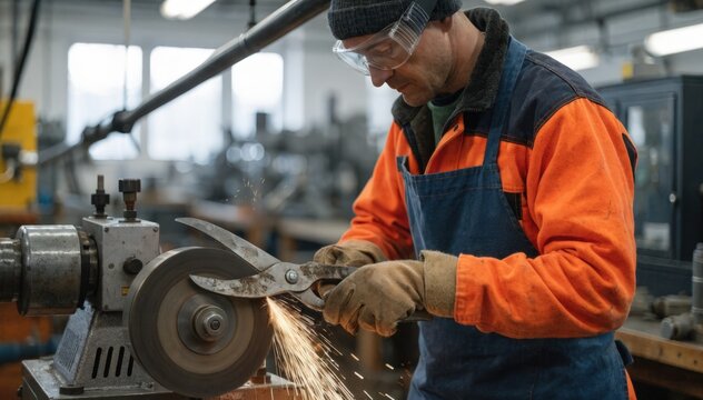Medium shot focusing on a craftsman sharpening aviation snips with detailed attention to blade angles and industrial tools in a hightech workshop setting.