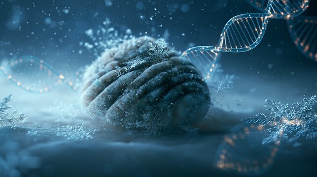 A macro view of fossilized animal droppings preserved in Arctic ice, with luminous DNA helixes and frost crystals around it; curious mood, icy blue lighting, centered scientific composition.