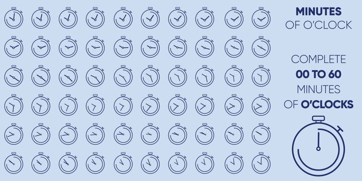 Collection of stopwatch icons on light blue background showing various times from 00 to 60 minutes of oclock