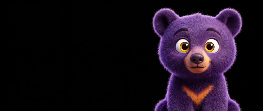 Cute purple baby bear cub smiling on black background. Friendly cartoon animal character mascot with big yellow eyes and fluffy fur for kids design, banner presentation layout with copy space.