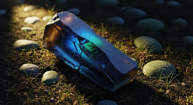 Fractured and opaque piece of historic glass, worn by time and weather, resting among stone and dirt in a quiet, somber burial ground, crystal, somber, marker