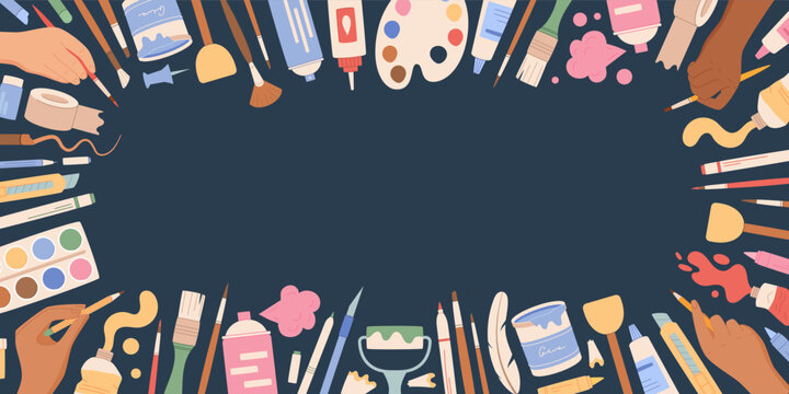 Flat painter supply background with brush, tools and palette on dark rectangle space. Art paint frame act as creative template and watercolor craft backdrop for school or studio class material
