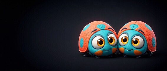 Fototapeta premium Cute cartoon ladybug beetle characters resting side by side against a dark background, vibrant 3D style character concept image with copy space representing friendship and lovely companionship.