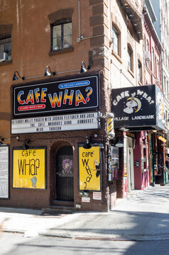 Daytime exterior view of the iconic Cafe Wha? on MacDougal Street in Greenwich Village in lower Manhattan, on June 03, 2026 in New York City, New York, USA