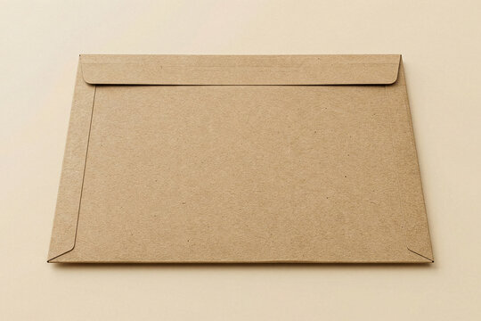 Closed blank brown kraft paper document envelope on a beige background
